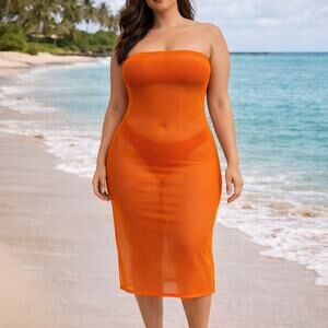 Kylie Jenner -KHY Sheer Mesh Tube Midi Dress - Sunset Orange - 2X - NWT